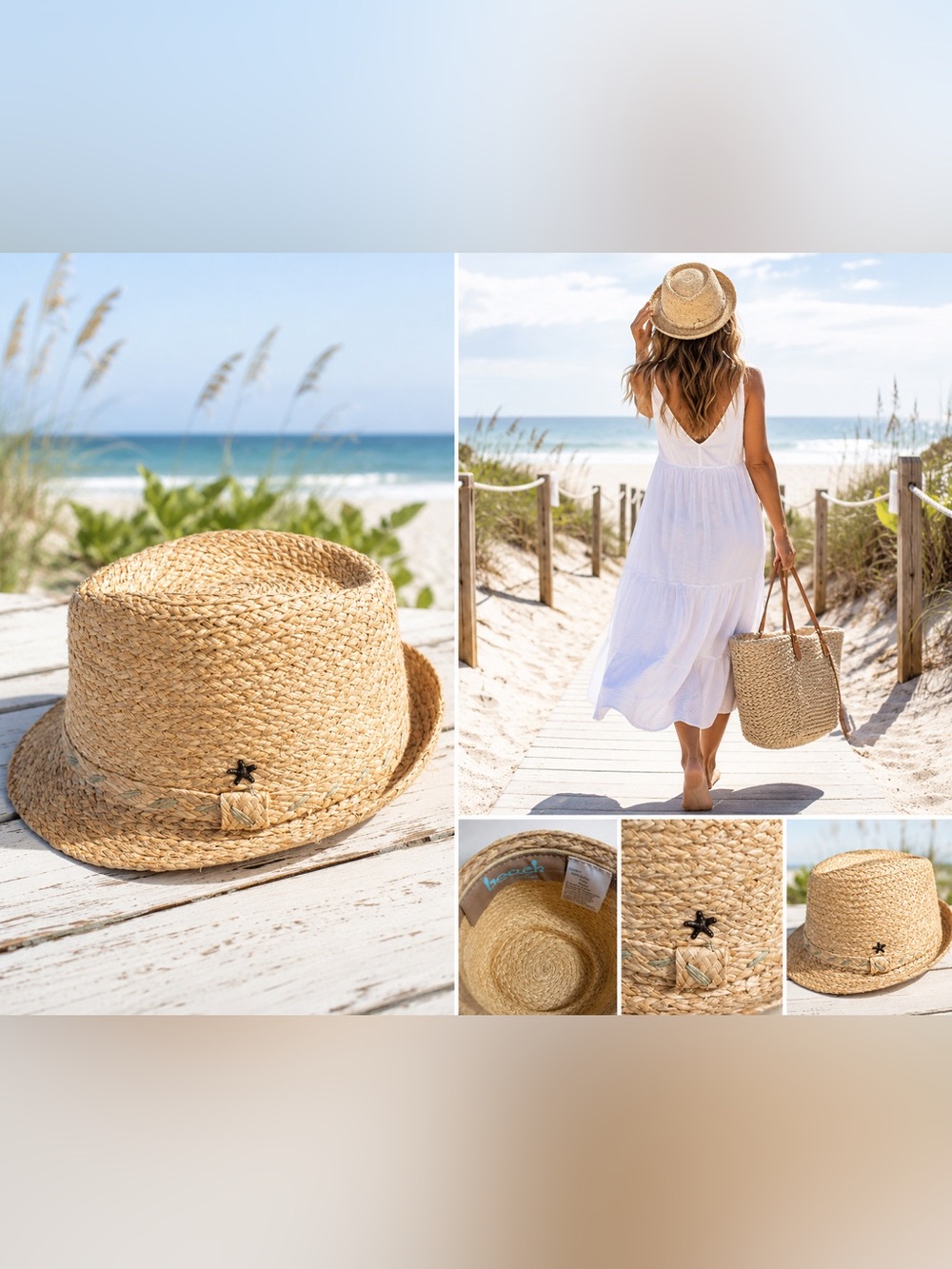 Flora Bella Leuch Raffia Straw Fedora Hat Starfish Accent Beach Resort Boho